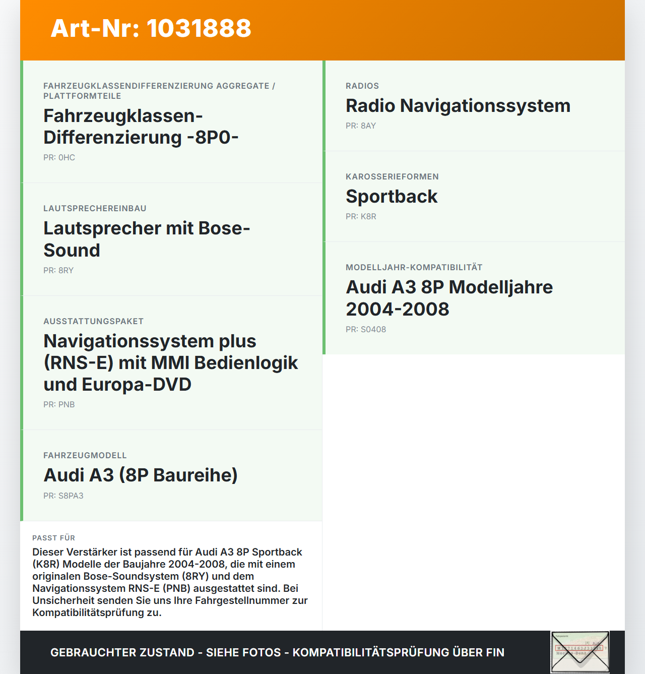 Audi A3 8P 04-08 Verstärker Endstufe für Soundsystem Orig. Bose Audi A3 8P 04-08 12.10.2007 a8P4035223B 8P4035223B... Vorschau 3