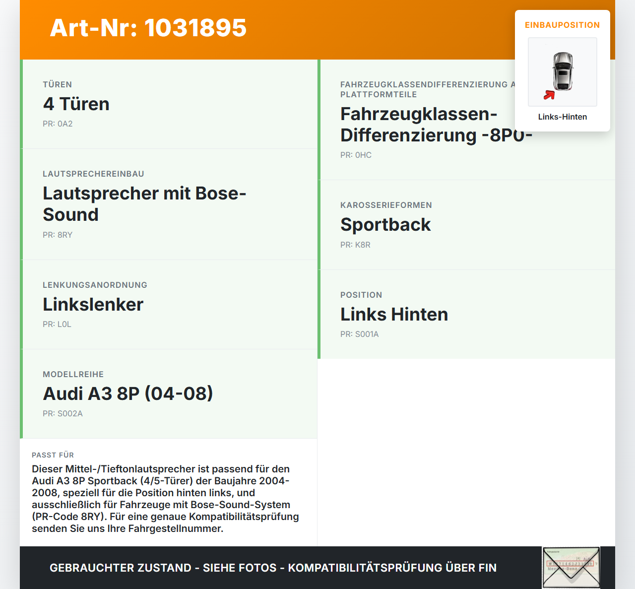Audi A3 8P 04-08 Lautsprecher Links Hinten Orig. Bose Audi A3 8P 04-08 12.10.2007 8E0035411B 290326-001 355024 gebraucht Vorschau 3