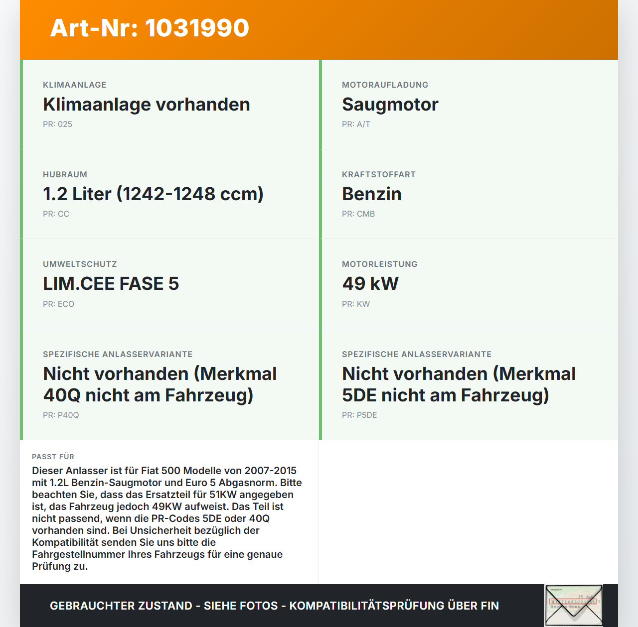 Fiat 500 07-15 1,2 51KW Anlasser Starter Fiat 500 07-15 04.03.2008  55193355 S114-905 gebraucht Vorschau 3