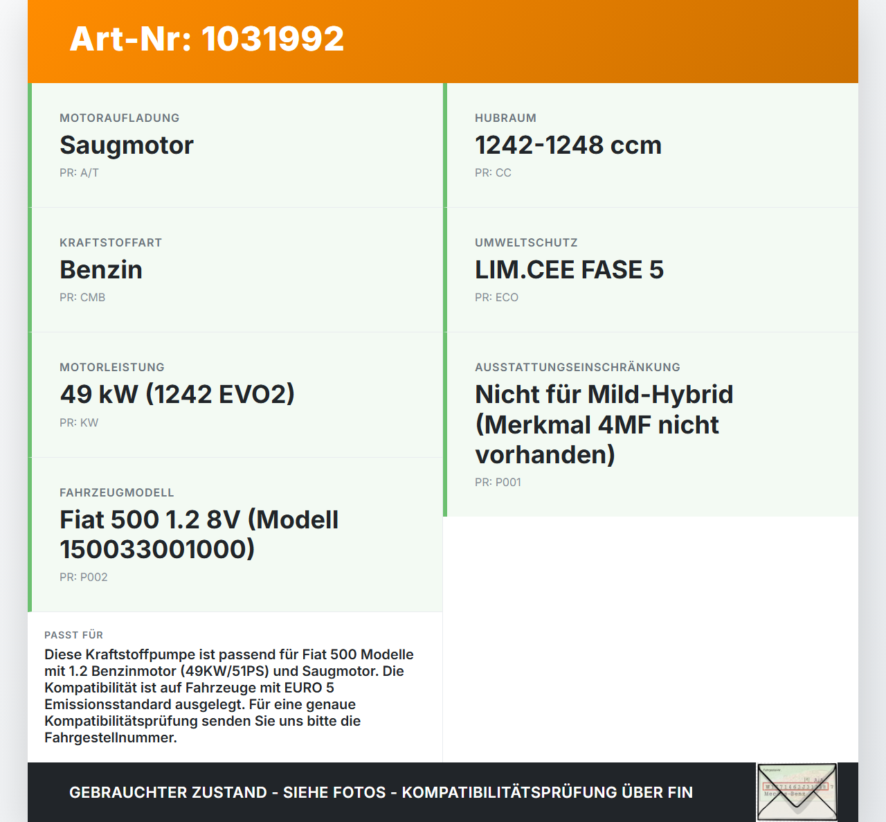 Fiat 500 07-15 1,2 51KW Kraftstoffpumpe Kraftstoff Förderpumpe Tankgeber Fiat 500 07-15 04.03.2008  52057721 gebraucht Vorschau 3