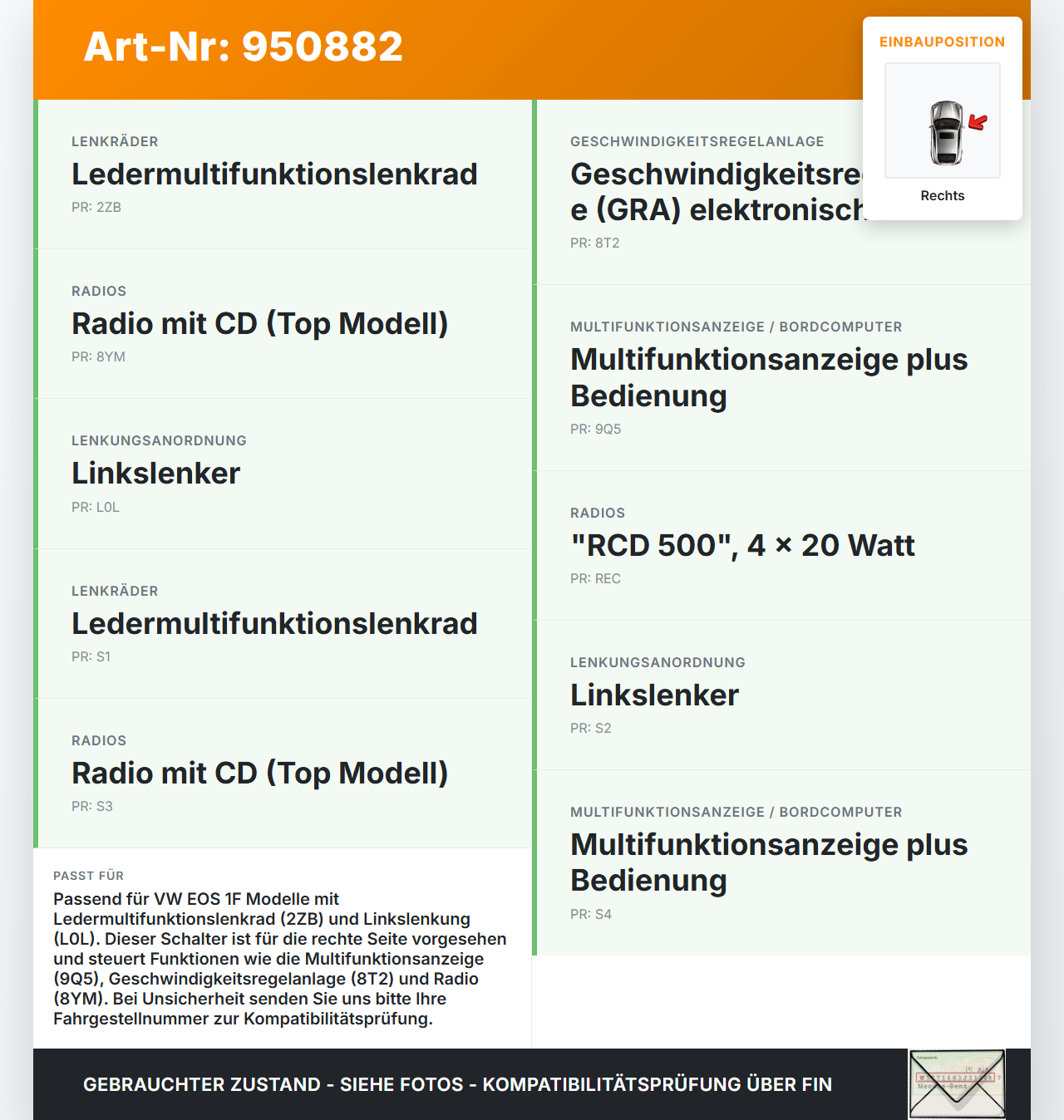VW EOS 1F 06-09 Lenkrad Schalter schalter Multifunktionstasten Rechts VW EOS 1F 06-09 13.04.2007 918989197 61618396... Vorschau 3
