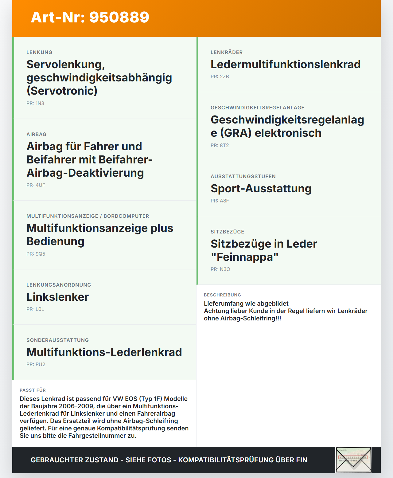 VW EOS 1F 06-09 Lenkrad Airbaglenkrad VW EOS 1F 06-09 13.04.2007 1Q0419091KU 1K0880201BK gebraucht Vorschau 3