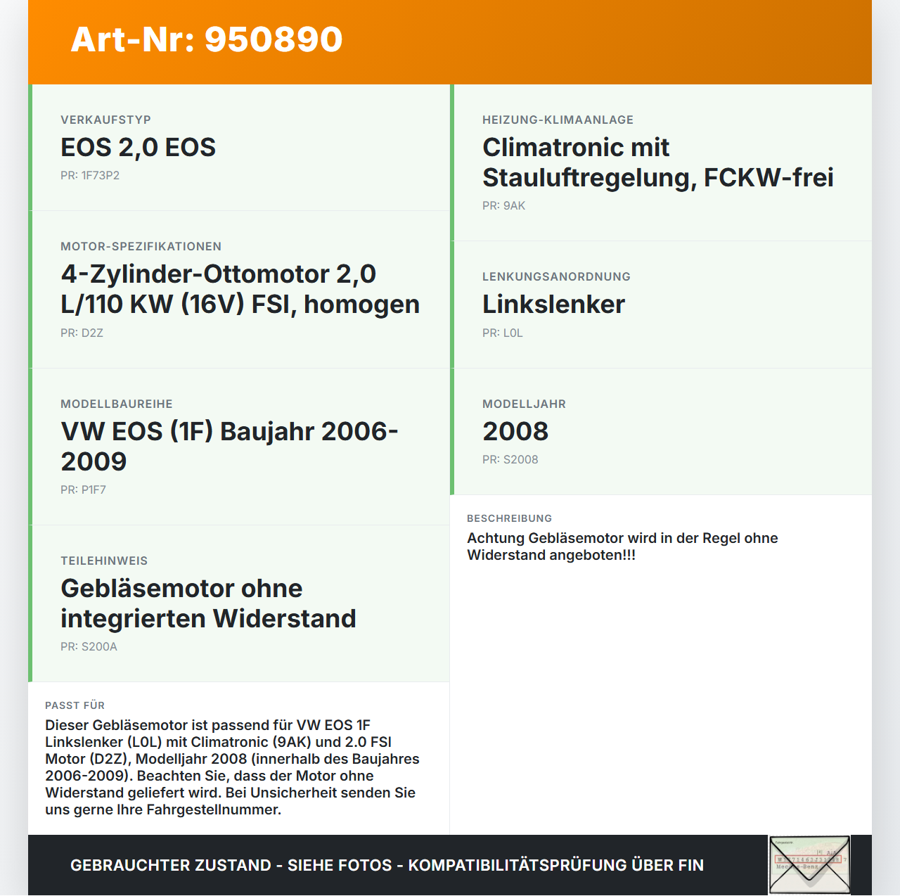 VW EOS 1F 06-09 Gebläsemotor Lüftermotor Heizungsgebläse VW EOS 1F 06-09 13.04.2007 3C1820015M gebraucht Vorschau 3