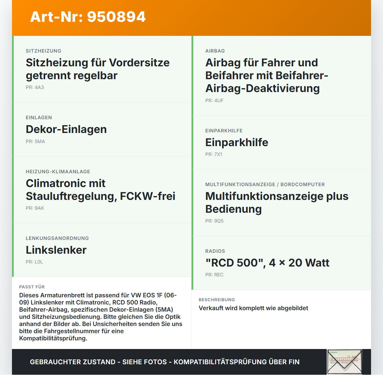 VW EOS 1F 06-09 Armaturenbrett Panel komplett VW EOS 1F 06-09 13.04.2007 - gebraucht Vorschau 3