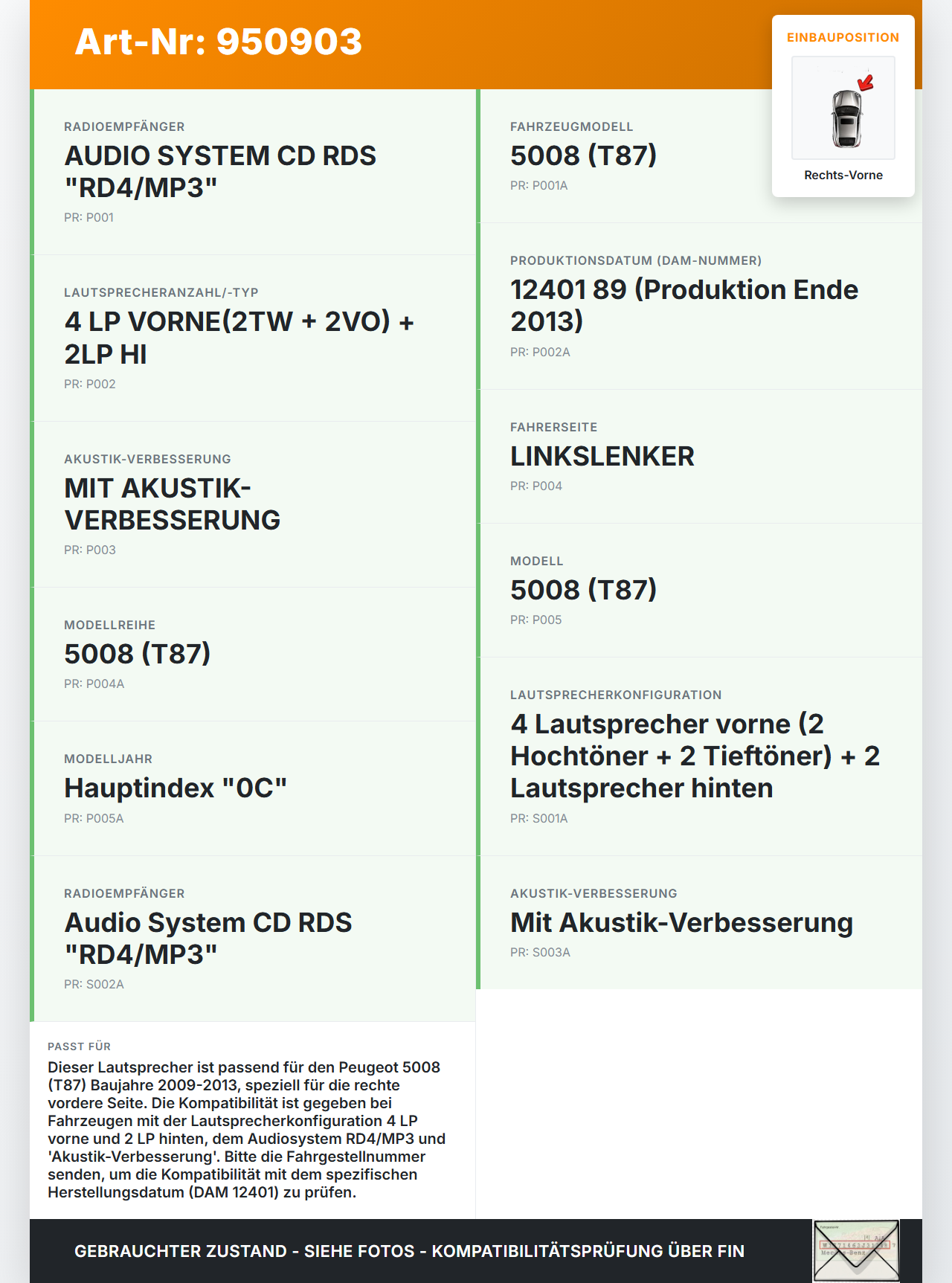 Peugeot 5008 I T87 09-13 Lautsprecher Rechts Vorne Peugeot 5008 I T87 09-13 01.11.2011 gebraucht Vorschau 3