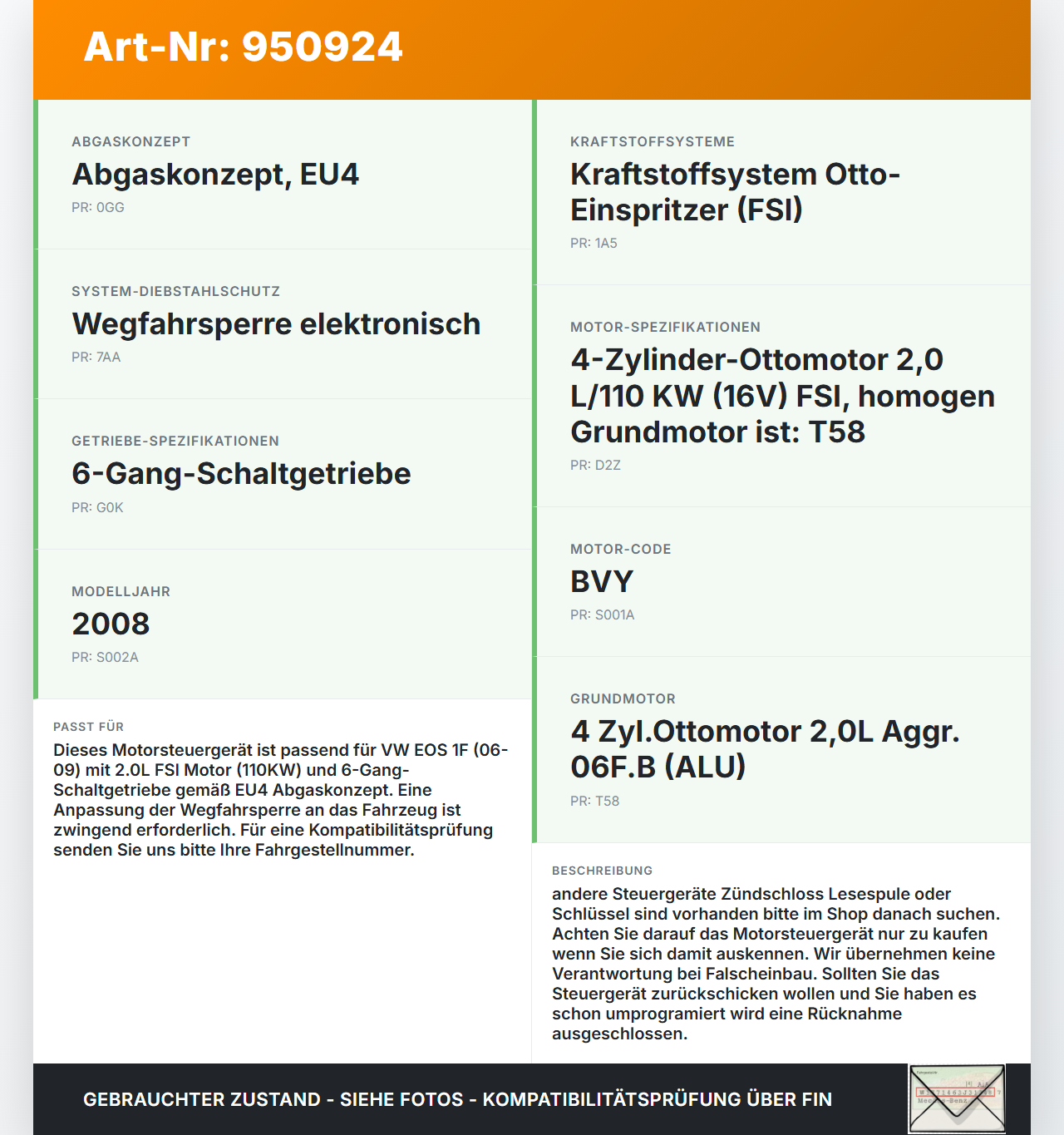 VW EOS 1F 06-09 FSI 2,0 110KW Motor Steuergerät ECU Motorsteuergerät VW EOS 1F 06-09 13.04.2007 06F906056HD... Vorschau 3