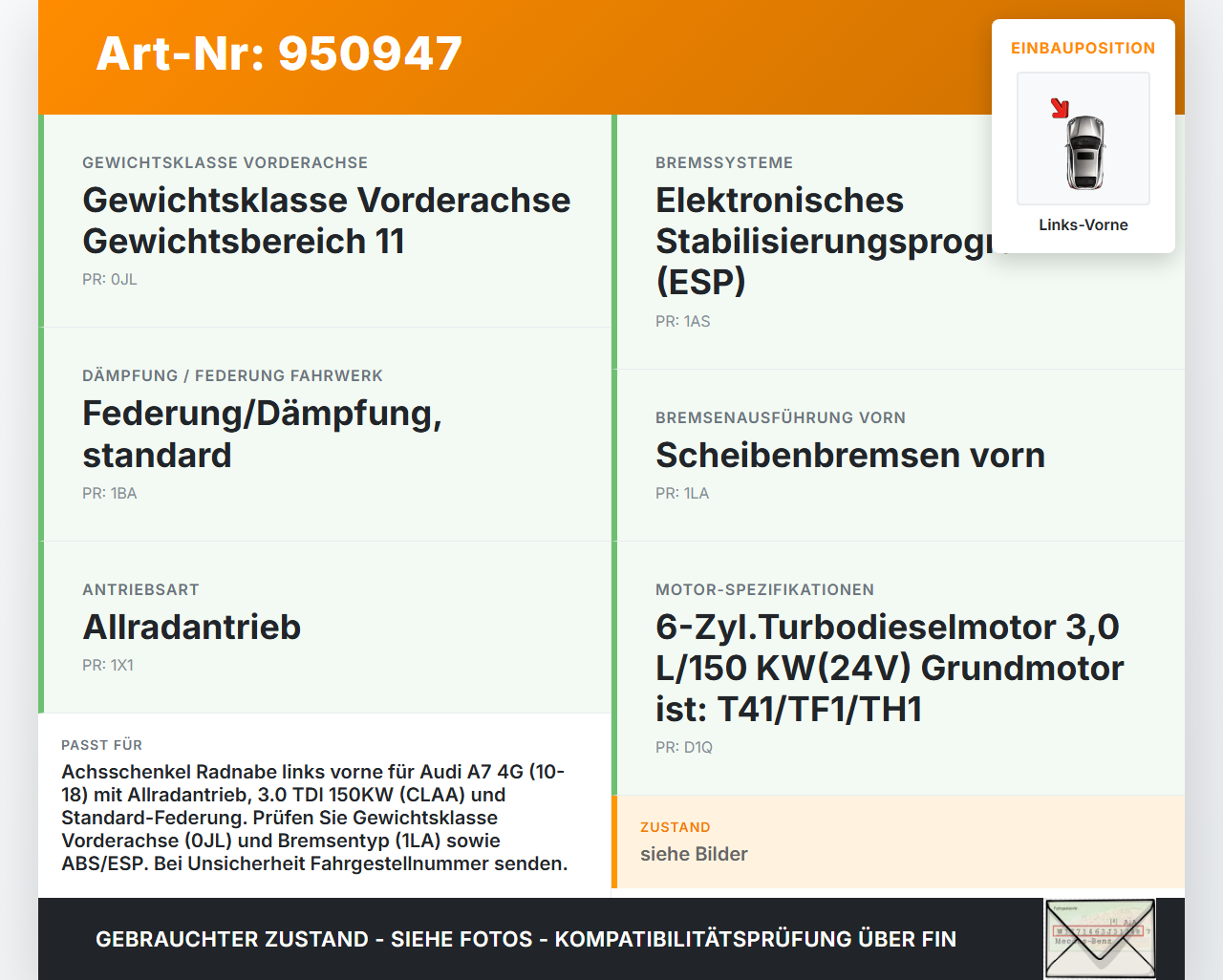 Audi A7 4G 10-18 TDI 3,0 150KW Achsschenkel Radnabe mit ABS Links Vorne Audi A7 4G 10-18 19.06.2012 4G0407253A gebraucht Vorschau 3