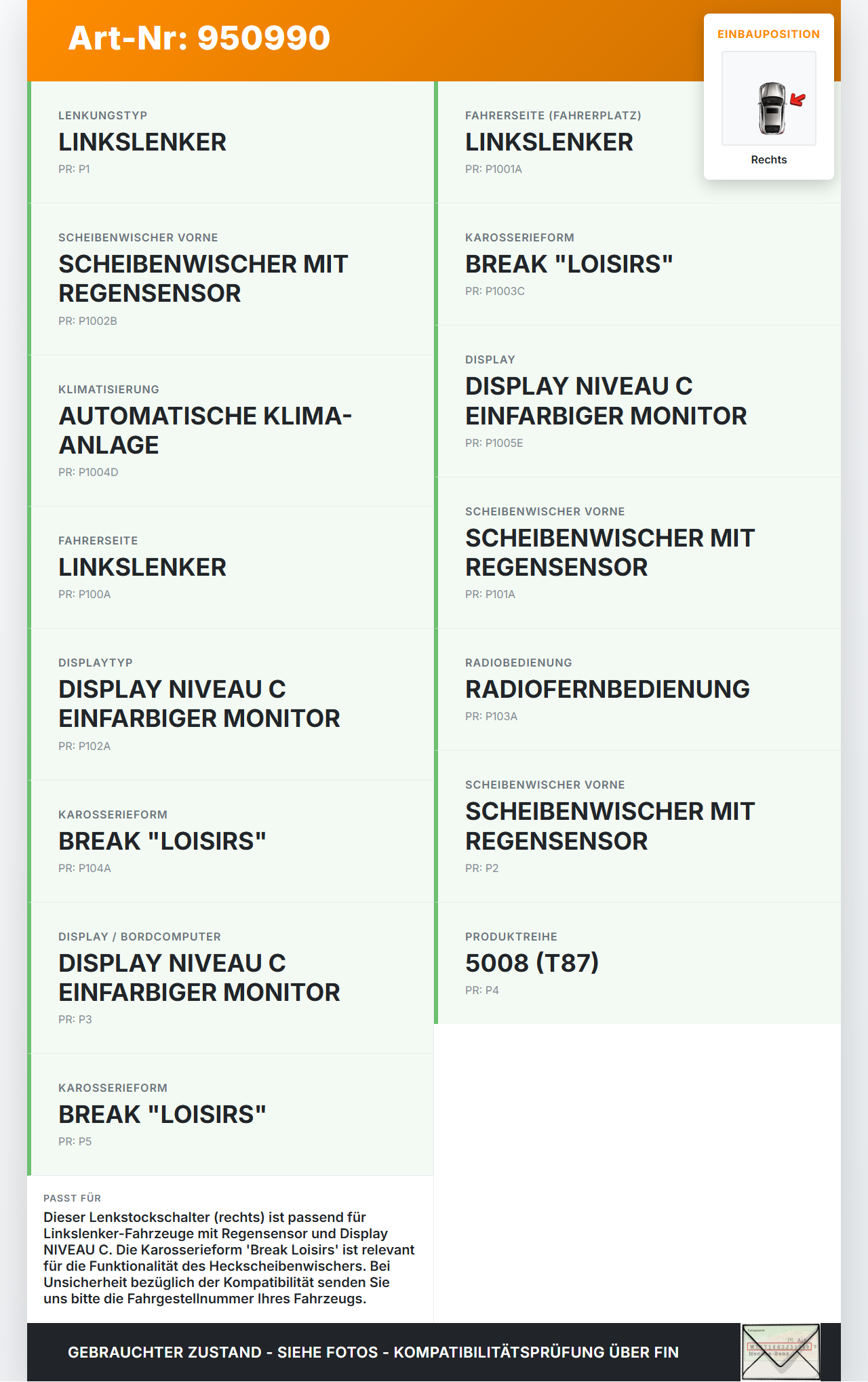 Peugeot 5008 I T87 09-13 Lenkradschalter Schalter Lenkstockschalter Rechts Peugeot 5008 I T87 09-13 01.11.2011... Vorschau 3