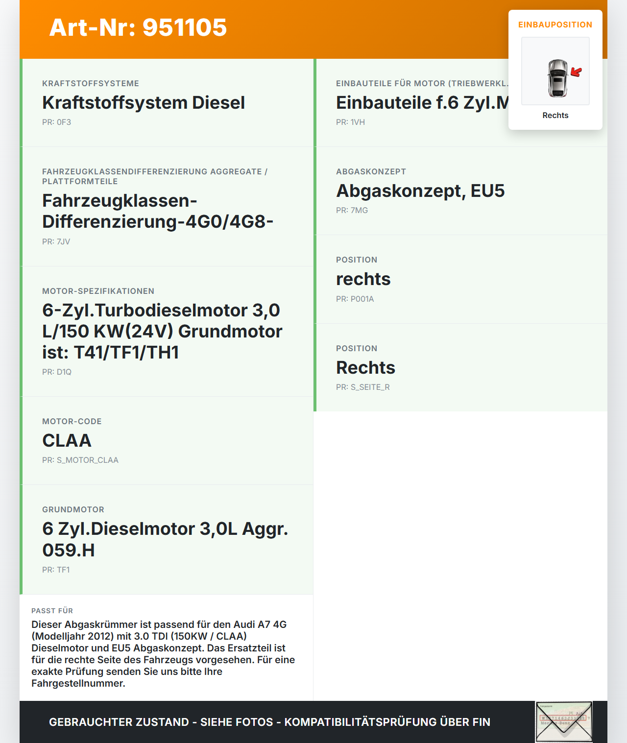 Audi A7 4G 10-18 TDI 3,0 150KW CLAA Abgaskrümmer Rechts mit Flexrohr Audi A7 4G 10-18 19.06.2012 059253034AQ gebraucht Vorschau 3