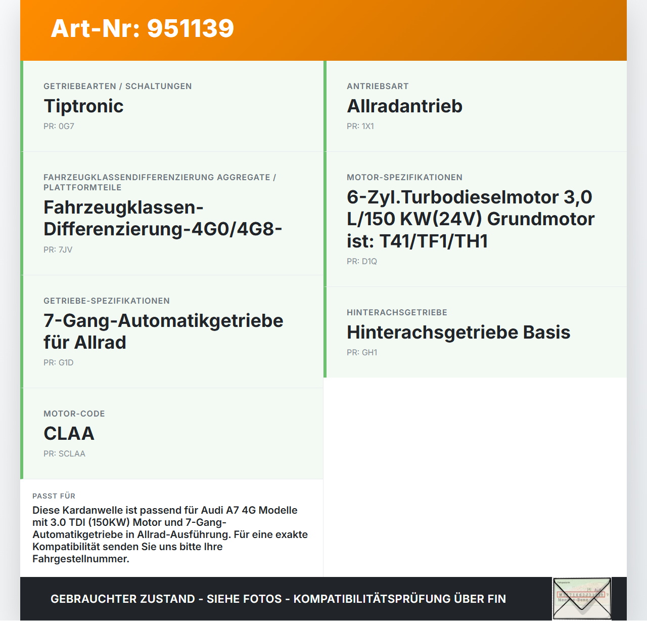 Audi A7 4G 10-18 TDI 3,0 150KW 4WD Kardanwelle Audi A7 4G 10-18 19.06.2012 4G0521101F 8153120184 gebraucht Vorschau 3