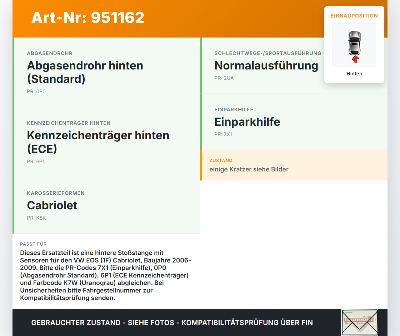 VW EOS 1F 06-09 Cabriolet Stoßstange Stoßfänger mit Sensoren Hinten LK7W VW EOS 1F 06-09 13.04.2007 1Q0807417 gebraucht Vorschau 3