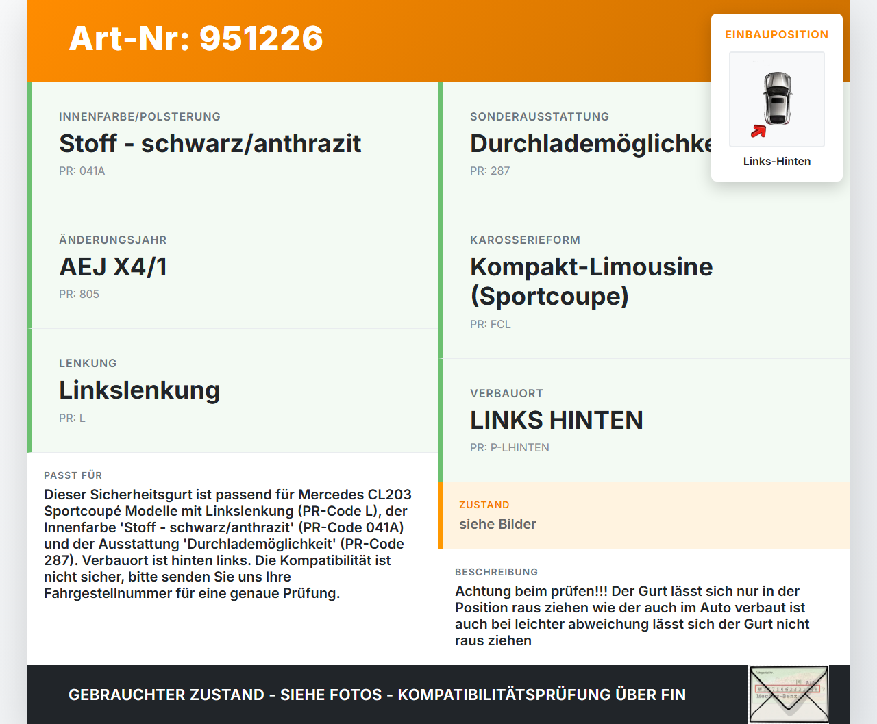 Mercedes CL203 C200K 04-08 Coupe Gurt Sicherheitsgurt Links Hinten Mercedes CL203 C200K 04-08 04.05.2005... Vorschau 3