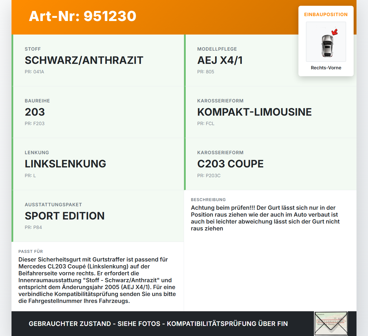 Mercedes CL203 C200K 04-08 Coupe Gurt Sicherheitsgurt Gurtstraffer Beifahrer Rechts Vorne Mercedes CL203 C200K... Vorschau 3