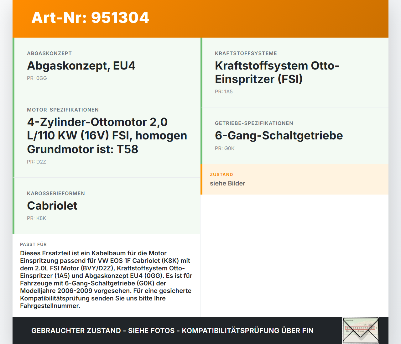 VW EOS 1F 06-09 Cabriolet Kabelbaum für Motor Einspritzung VW EOS 1F 06-09 13.04.2007 06F971082B gebraucht Vorschau 3