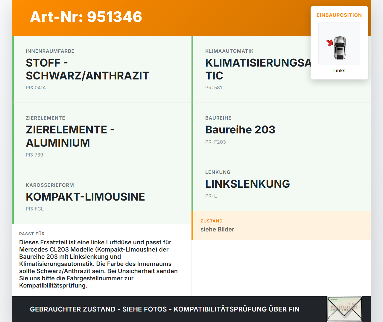 Mercedes CL203 C200K 04-08 Luftdusche Luftdüse Links Mercedes CL203 C200K 04-08 04.05.2005 A2038302954 gebraucht Vorschau 3
