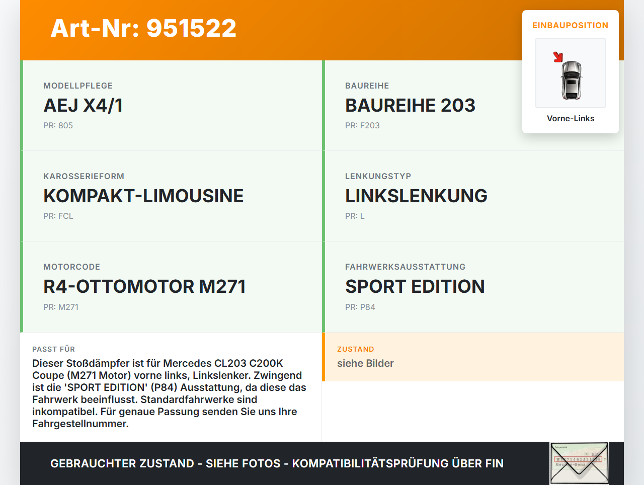 Mercedes CL203 C200K 04-08 Coupe Stossdämpfer Federbein Vorne Links Mercedes CL203 C200K 04-08 04.05.2005... Vorschau 3