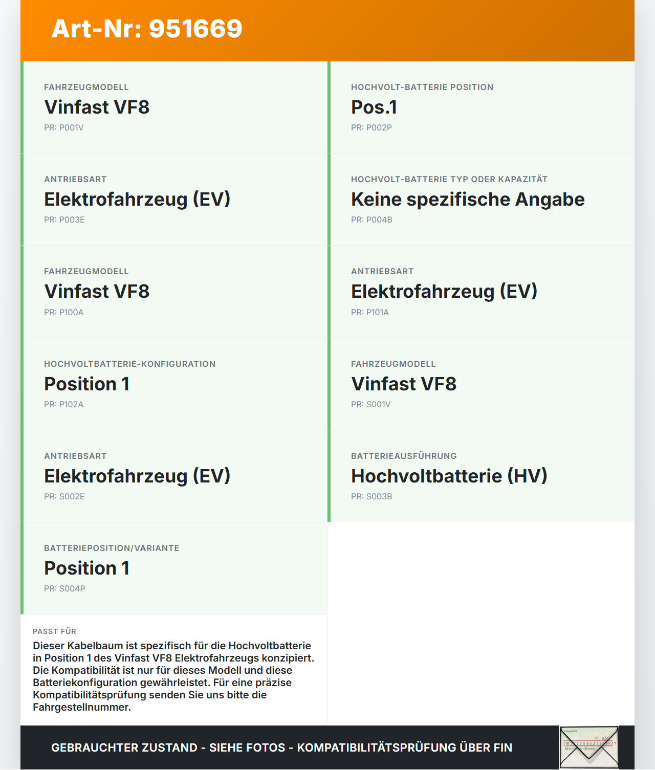 Vinfast VF8 Kabelbaum für HV Batterie Pos.1 Vinfast VF8 01.11.2023 ELE11002157 gebraucht Vorschau 3