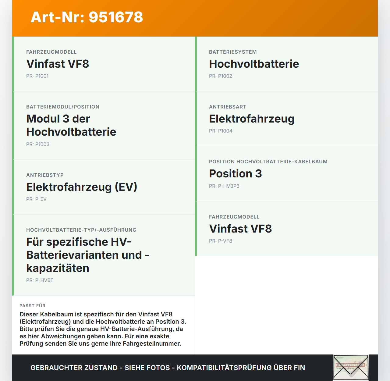 Vinfast VF8 Kabelbaum für HV Batterie Pos.3 Vinfast VF8 01.11.2023 ELE11002106 gebraucht Vorschau 3