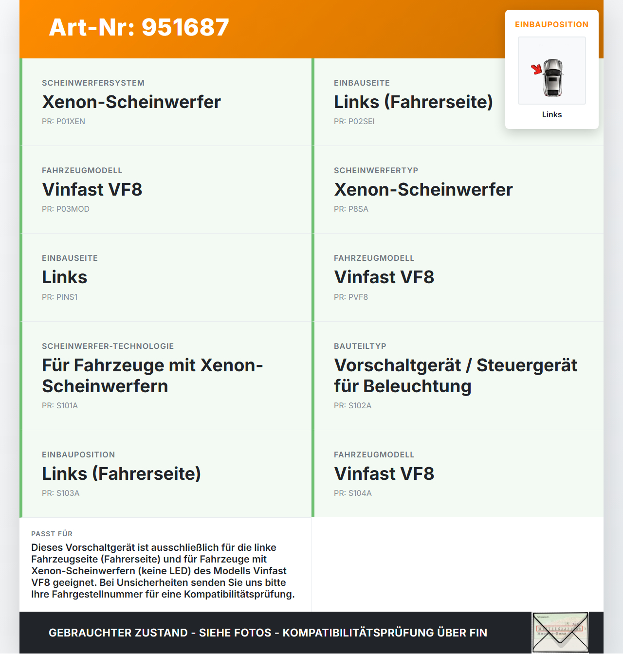 Vinfast VF8 Xenon Vorschaltgerät Steuergerät Links Vinfast VF8 01.11.2023 0507.00097 gebraucht Vorschau 3