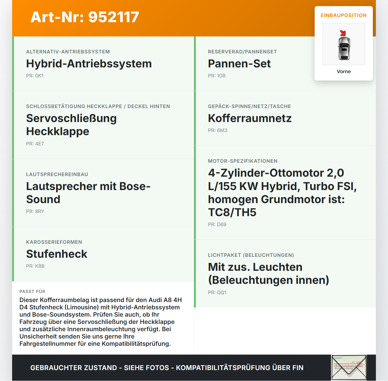 Audi A8 4H D4 09-17 Kofferraumbelag Verkleidung für Kofferraum Vorne Audi A8 4H D4 09-17 25.04.2012 4H0863463K gebraucht Vorschau 3