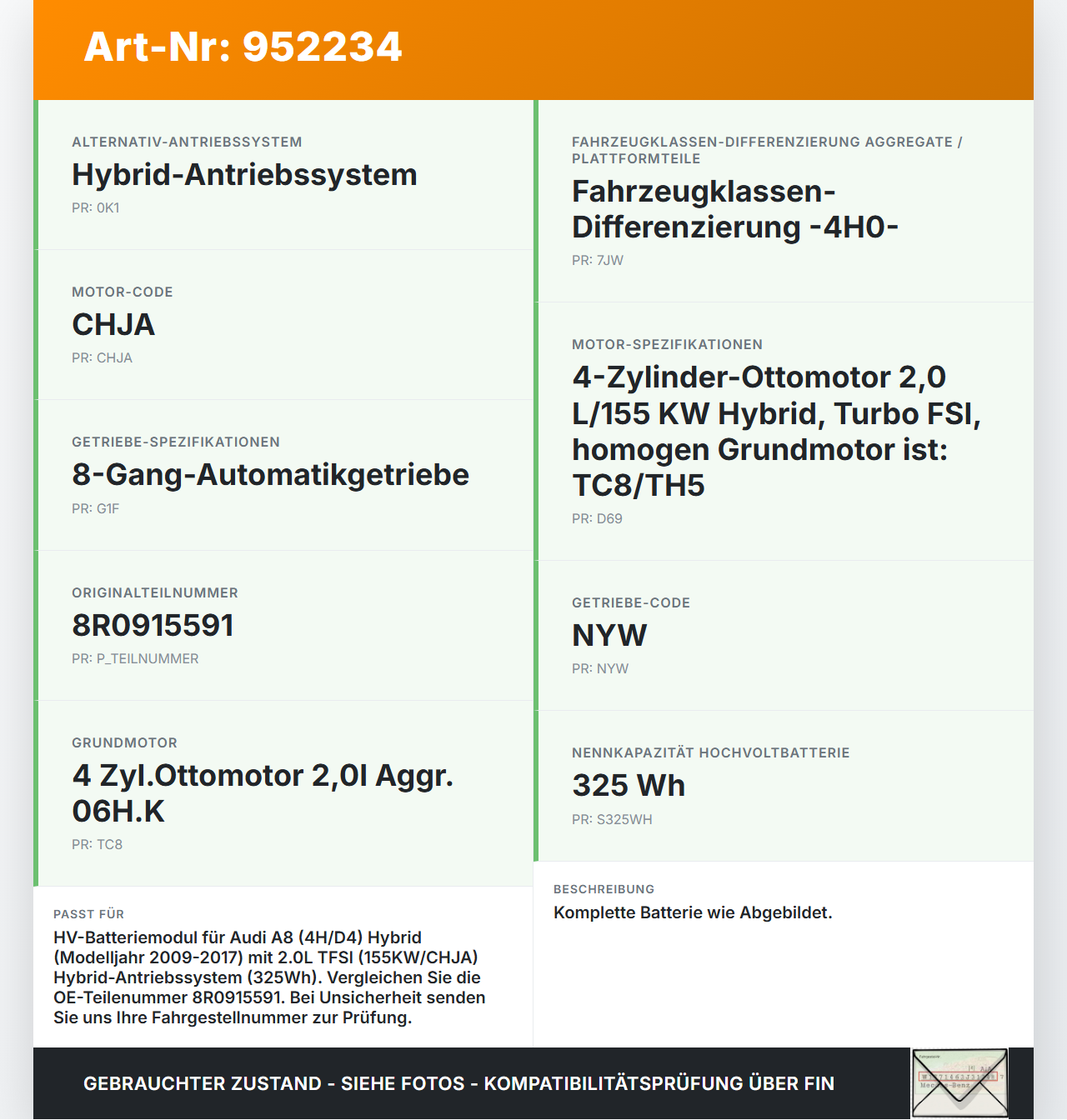 Audi A8 4H D4 09-17 Hybrid 2,0 155KW HV Hochvoltbatterie Batteriemodul Batterie Akku 325Wh Audi A8 4H D4 09-17... Vorschau 3