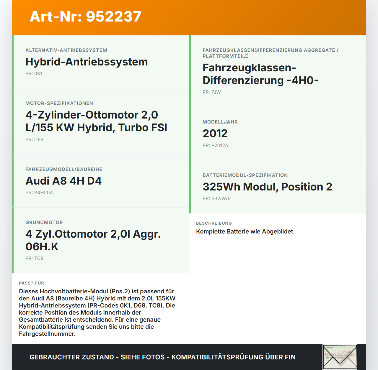 Audi A8 4H D4 09-17 Hybrid 2,0 155KW HV Hochvoltbatterie Batteriemodul Batterie Akku 325Wh Pos.2 Audi A8 4H D4... Vorschau 3