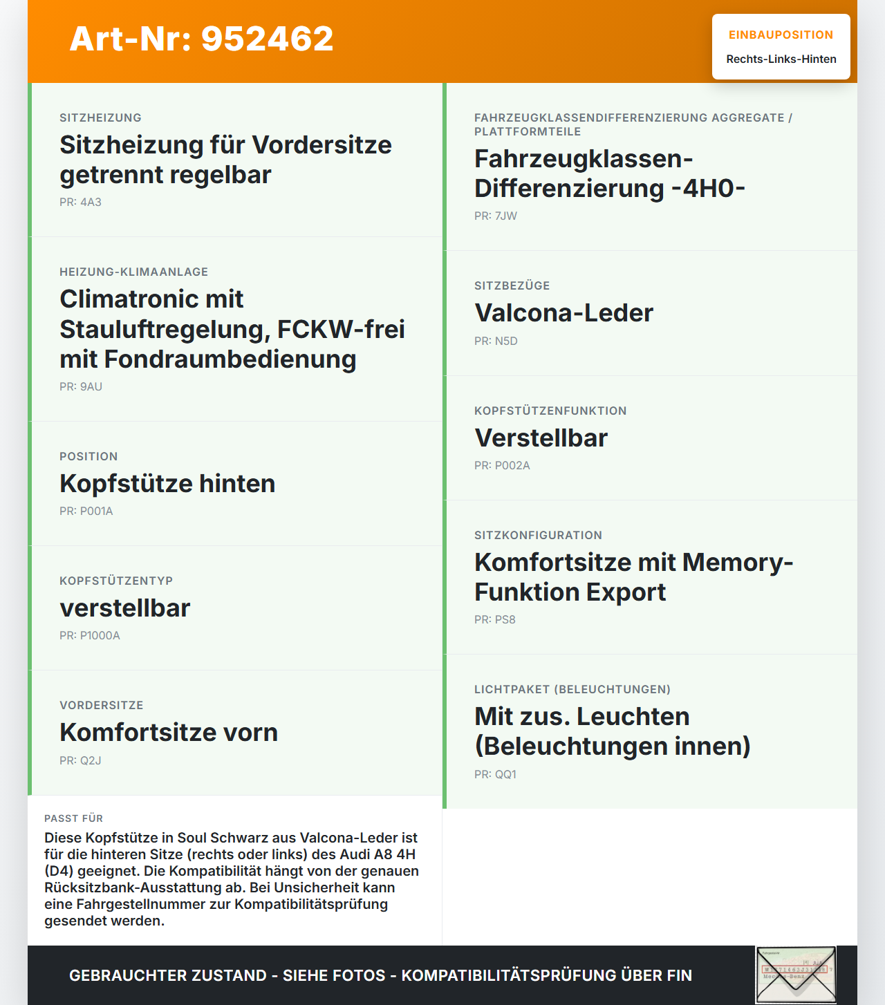 Audi A8 4H D4 09-17 Kopfstütze Rechts oder Links Hinten Soul Schwarz Leder Audi A8 4H D4 09-17 25.04.2012... Vorschau 3