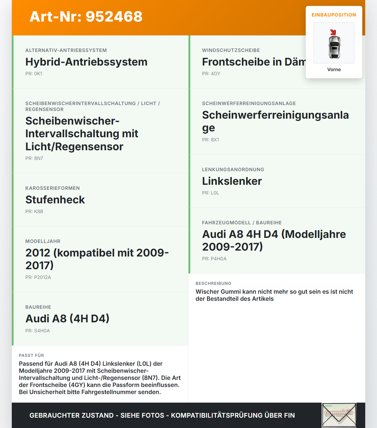 Audi A8 4H D4 09-17 2x Scheibenwischer Wischarm Vorne Audi A8 4H D4 09-17 25.04.2012 4H1955407A gebraucht Vorschau 3