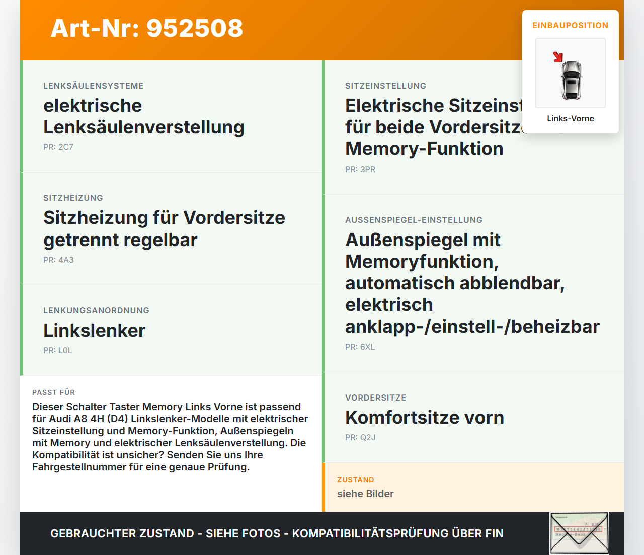 Audi A8 4H D4 09-17 Schalter Memory Links Vorne Audi A8 4H D4 09-17 25.04.2012 4H0959769 gebraucht Vorschau 3