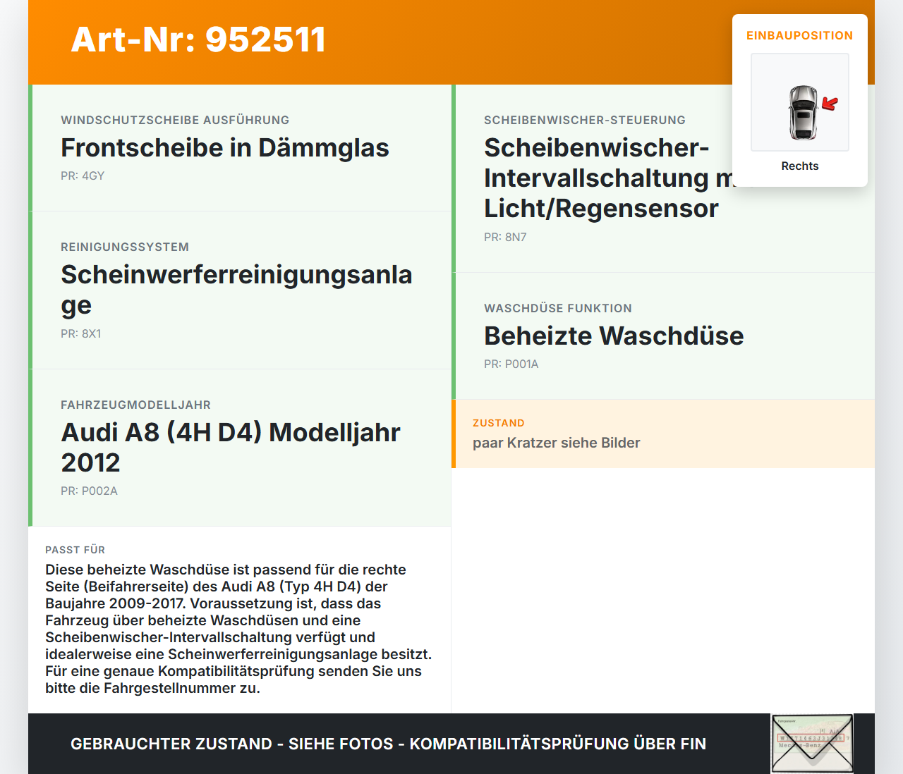 Audi A8 4H D4 09-17 Waschdüse für Windschutzscheibe WS Rechts beheizt Audi A8 4H D4 09-17 25.04.2012 4H0955988 gebraucht Vorschau 3