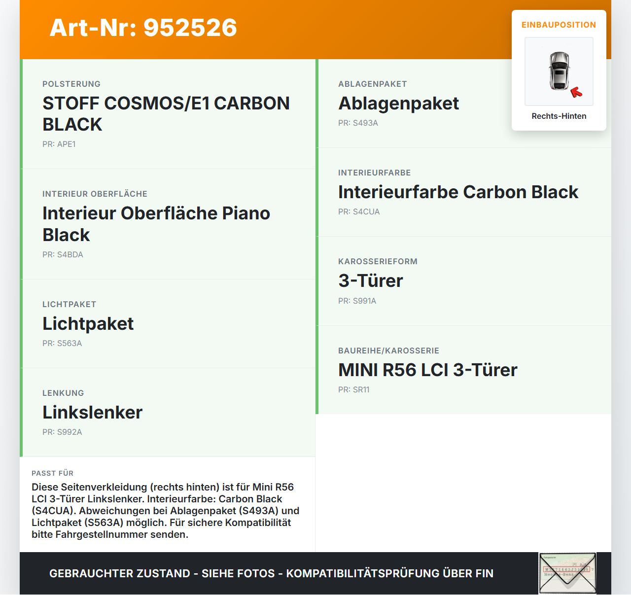 Mini One R56 LCI 13-16 3T Seitenverkleidung Wandpappe Rechts Hinten Mini One R56 LCI 13-16 27.01.2014 51432756048... Vorschau 3