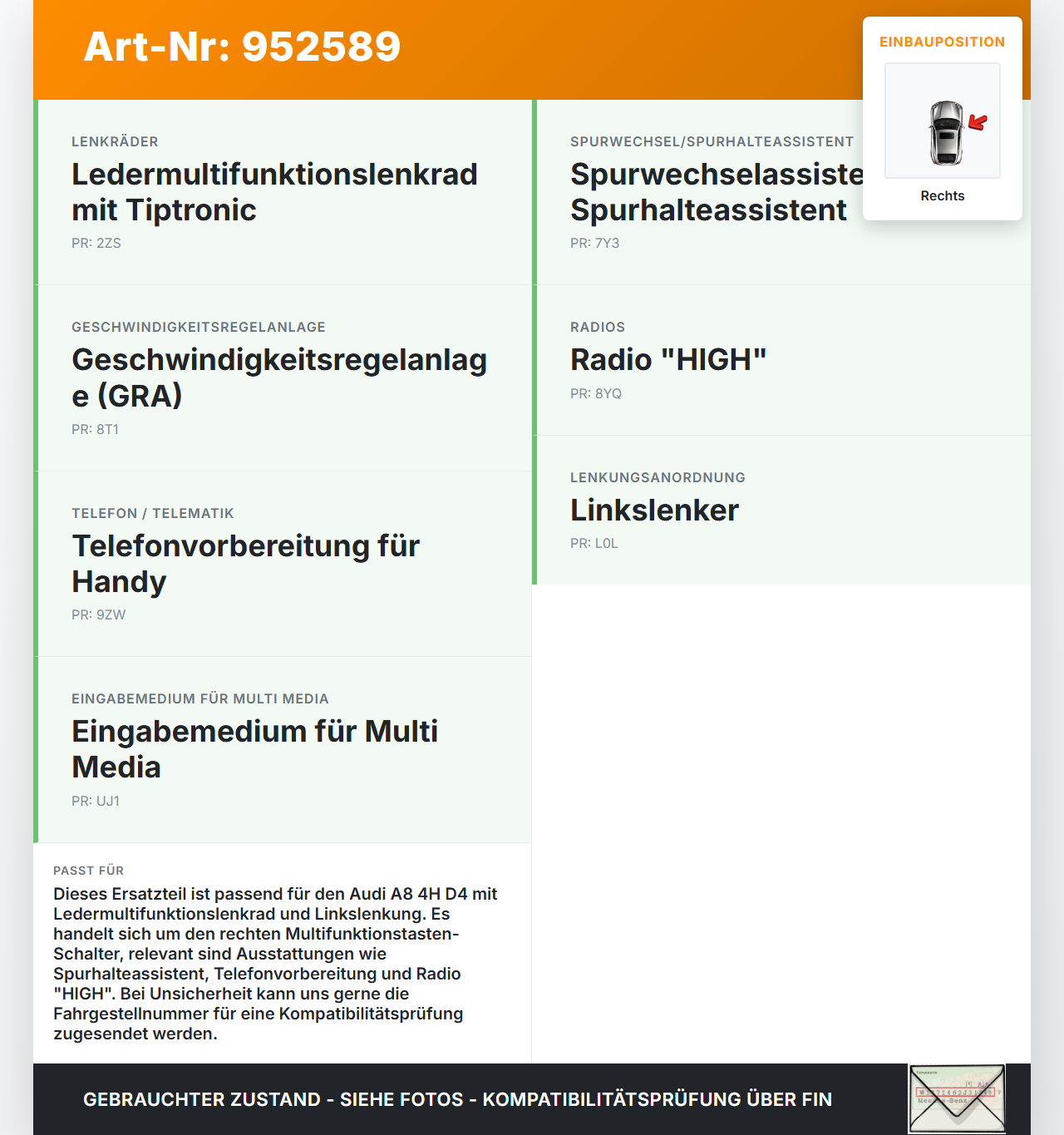 Audi A8 4H D4 09-17 Lenkradschalter Multifunktionstasten Schalter für Lenkrad Rechts Plus Audi A8 4H D4 09-17... Vorschau 3