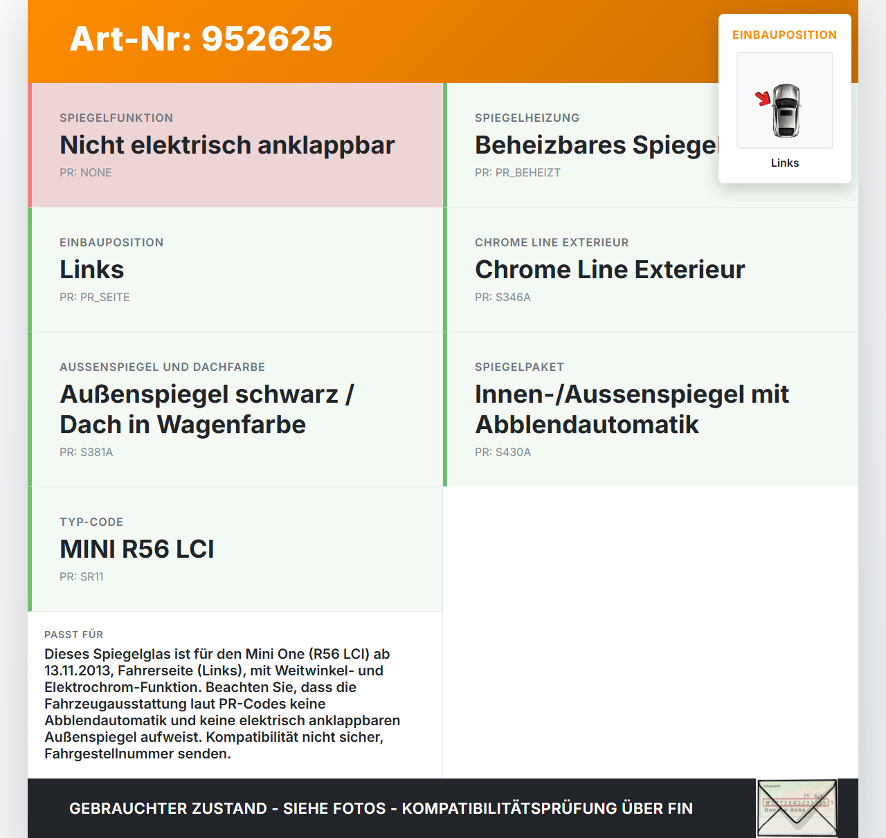 Mini One R56 LCI 13-16 Spiegel Aussenspiegel nur Glas Links Elektrochrom Mini One R56 LCI 13-16 27.01.2014... Vorschau 3