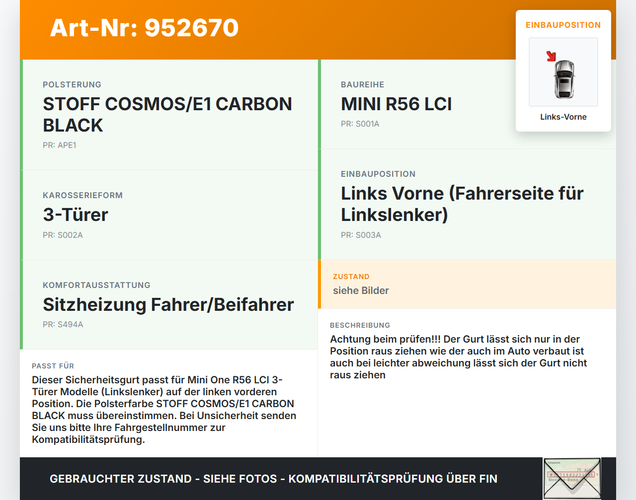 Mini One R56 LCI 13-16 3T Gurt Sicherheitsgurt Links Vorne Mini One R56 LCI 13-16 27.01.2014 72117309419 7309419... Vorschau 3