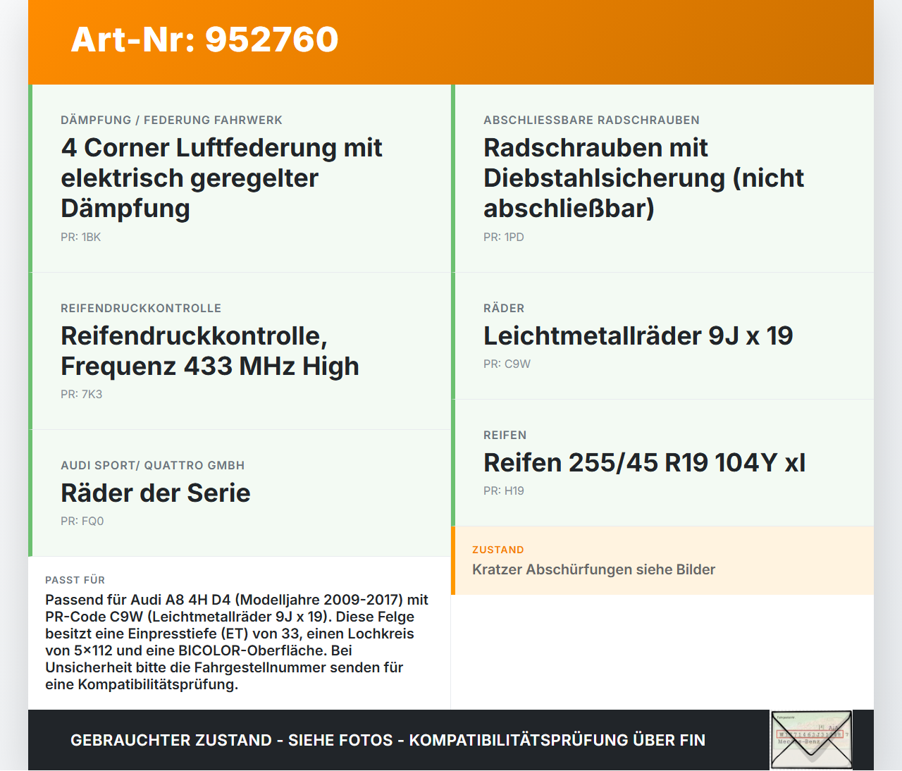 Audi A8 4H D4 09-17 1x Felge Alufelge 5X112 9X19Zoll ET33 Audi A8 4H D4 09-17 25.04.2012 4H0601025AK gebraucht Vorschau 3