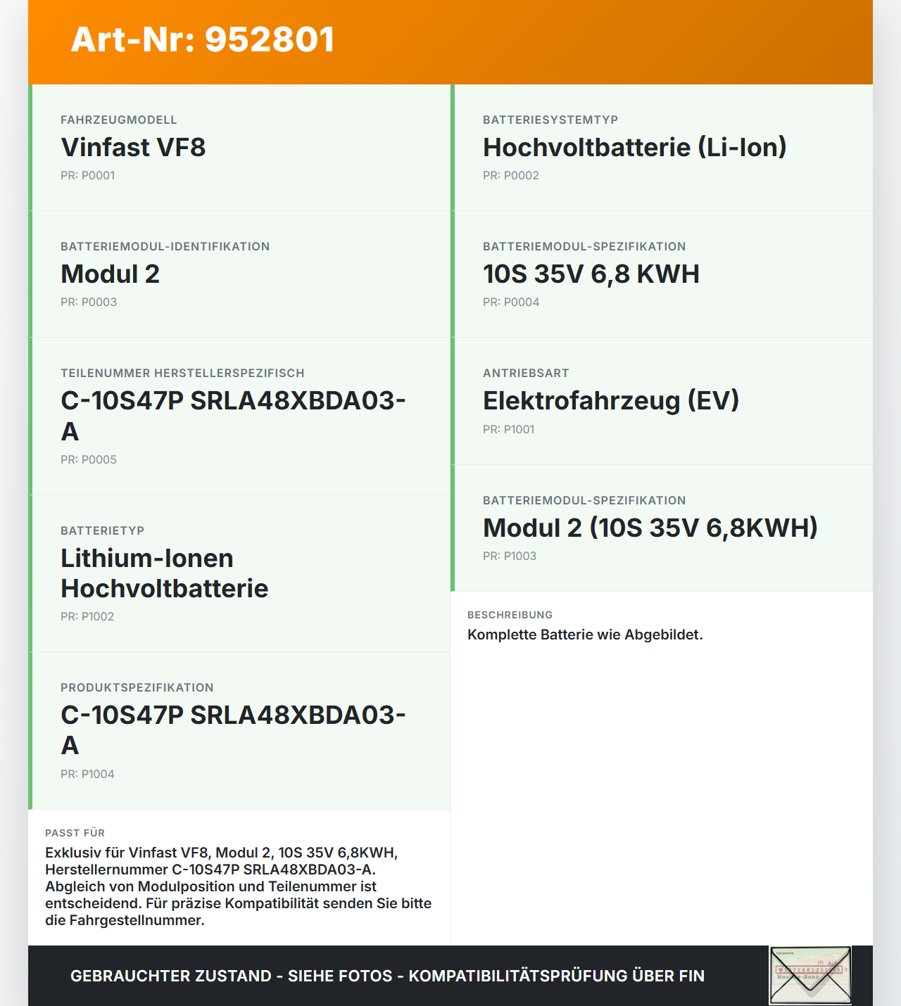 Vinfast VF8 Modul 2 10S 35V 6,8KWH Li-Ion HV Hochvoltbatterie Batterie Akku Vinfast VF8 01.11.2023 C-10S47P... Vorschau 3