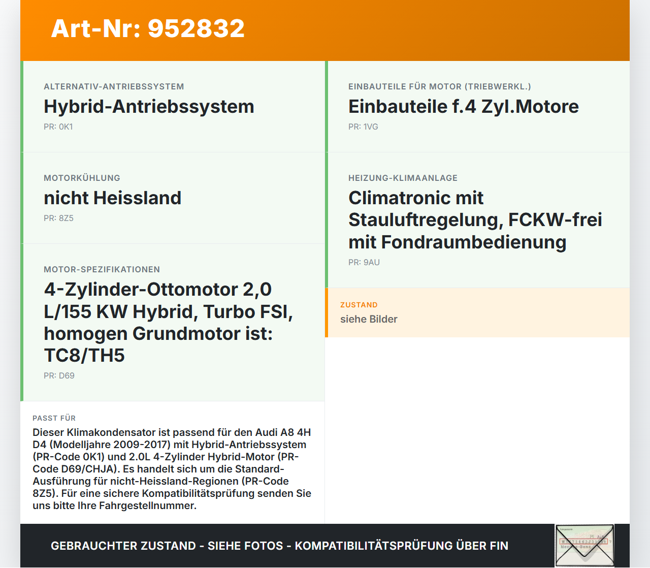 Audi A8 4H D4 09-17 Kondensator Klimakühler AC Audi A8 4H D4 09-17 25.04.2012 4H0260403C gebraucht Vorschau 3