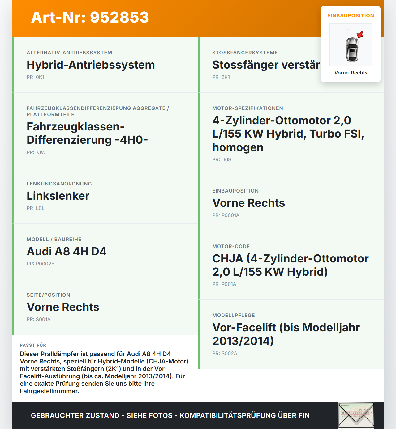 Audi A8 4H D4 09-17 Pralldämpfer für Träger Stoßstange Vorne Rechts Audi A8 4H D4 09-17 25.04.2012 gebraucht Vorschau 3