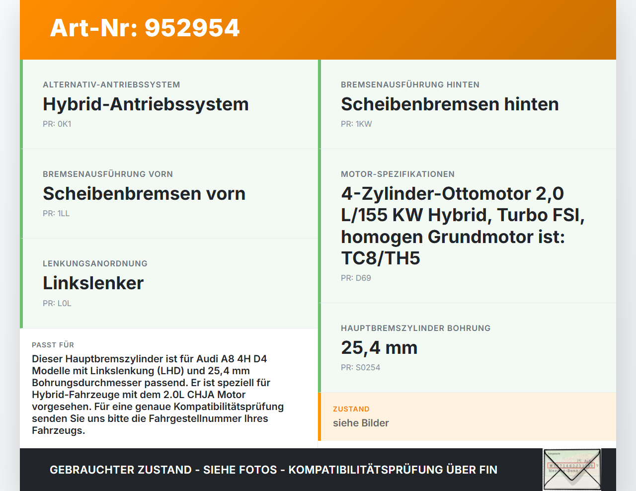 Audi A8 4H D4 09-17 Hauptbremszylinder Bremszylinder 25,4 Audi A8 4H D4 09-17 25.04.2012 8K0611021B gebraucht Vorschau 3