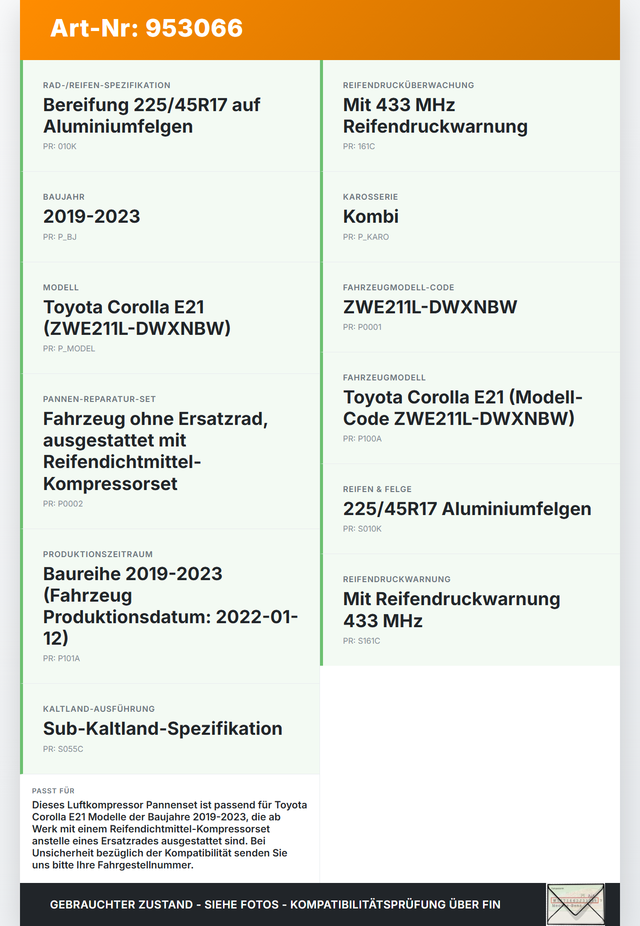 Toyota Corolla E21 19-23 Luftkompressor Pannenset Toyota Corolla E21 19-23 15.02.2022 0P0340PSI5 gebraucht Vorschau 3