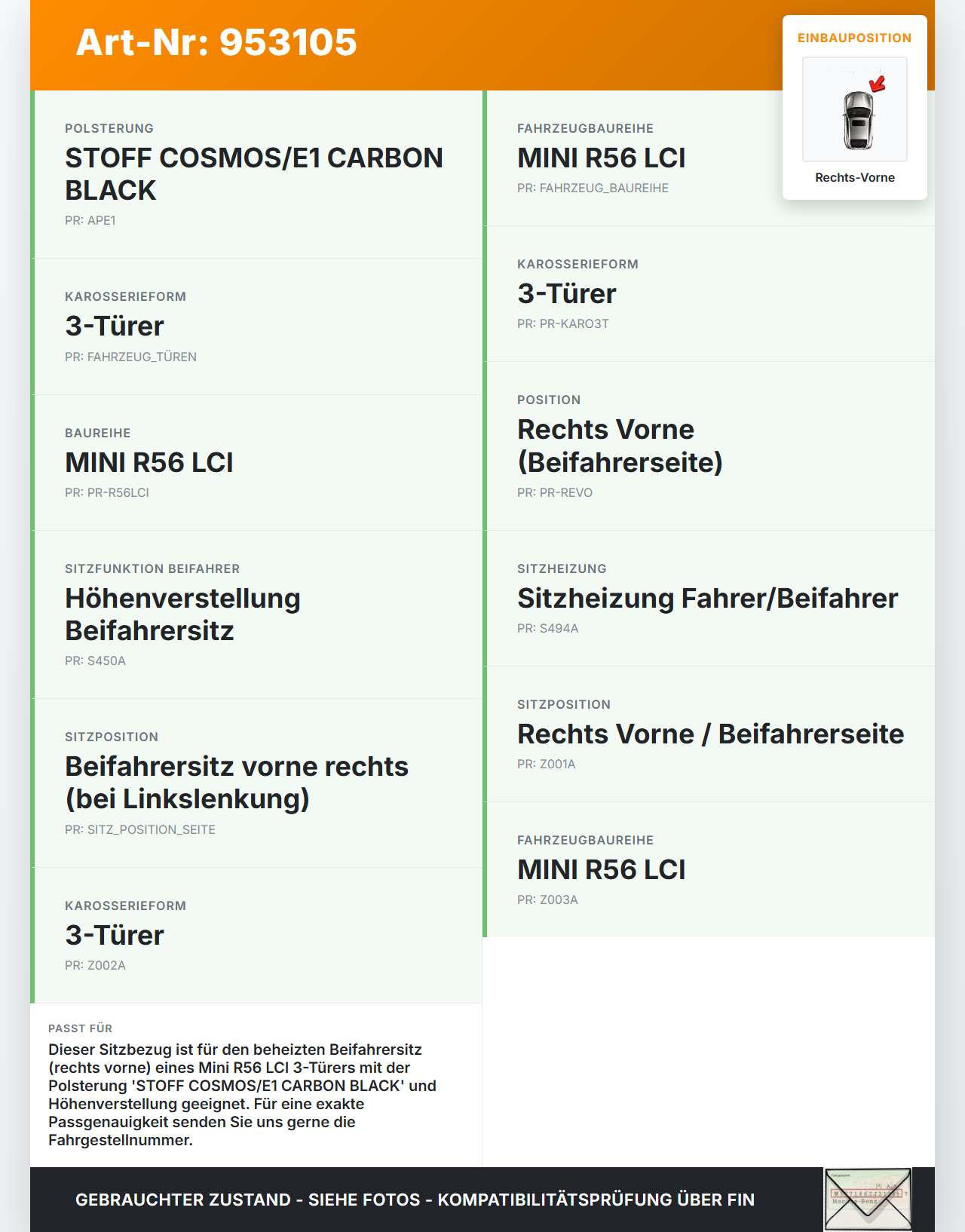 Mini One R56 LCI 13-16 3T Sitzbezug Rückenpolster Rechts Vorne für Beifahrer Sitz beheizt Mini One R56 LCI 13-16... Vorschau 3