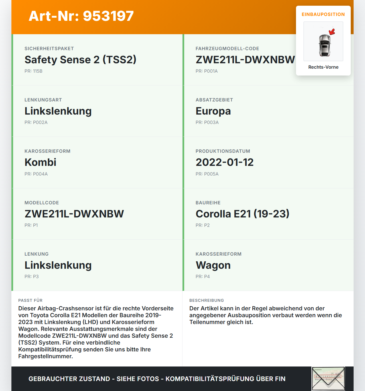 Toyota Corolla E21 19-23 Sensor für Airbag Crashsensor Airbagsensor Rechts Vorne Toyota Corolla E21 19-23... Vorschau 3