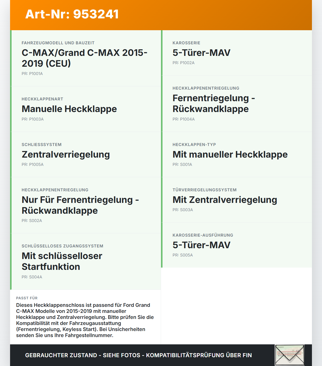 Ford Grand C-MAX 15-19 Grand Schloss f. Heckklappe Heckklappenschloss Verriegelung Ford Grand C-MAX 15-19... Vorschau 3