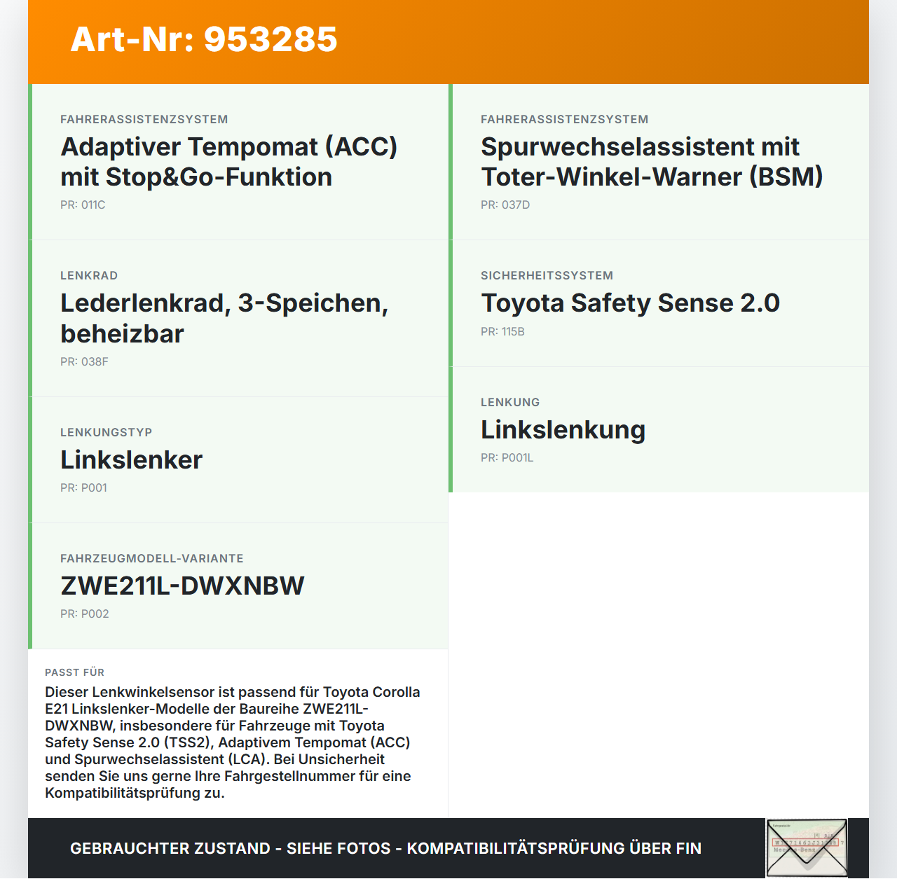 Toyota Corolla E21 19-23 Lenkwinkelsensor Toyota Corolla E21 19-23 15.02.2022 89245-02120 004-0V1D gebraucht Vorschau 3