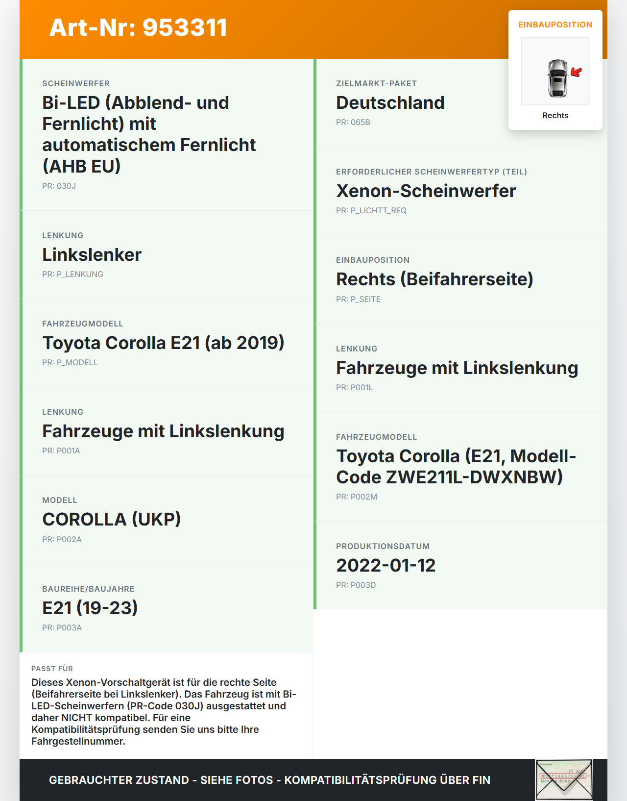 Toyota Corolla E21 19-23 Xenon Vorschaltgerät Rechts Toyota Corolla E21 19-23 15.02.2022 L90118493 gebraucht Vorschau 3