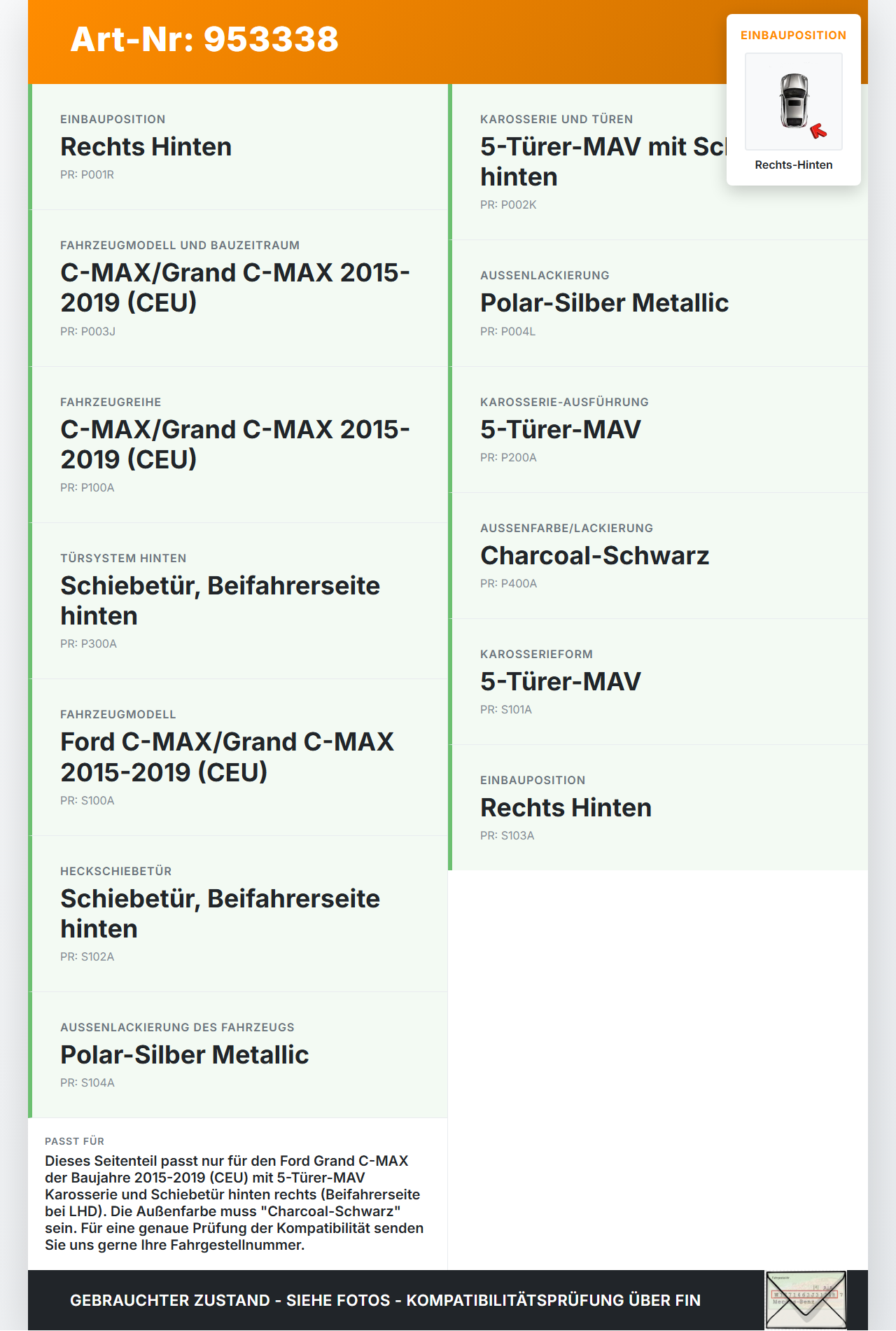 Ford Grand C-MAX 15-19 Grand Seitenteil Abdeckung für Laufschiene Kotflügel Rechts Hinten 61 Ford Grand C-MAX 15-19... Vorschau 3