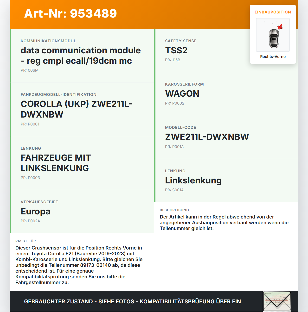 Toyota Corolla E21 19-23 Sensor für Airbag Crashsensor Airbagsensor Rechts Vorne Toyota Corolla E21 19-23... Vorschau 3