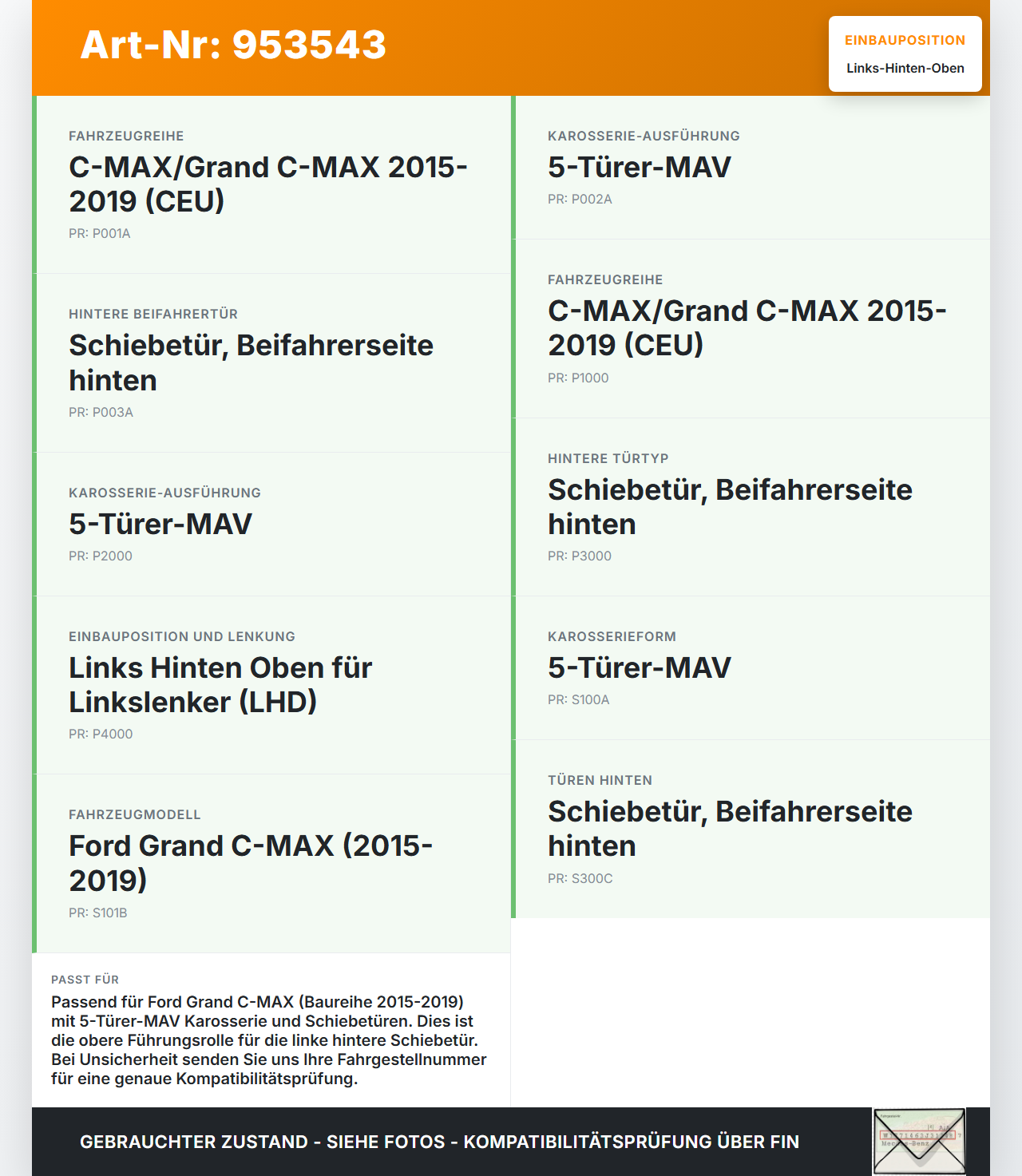 Ford Grand C-MAX 15-19 Grand Führungsrolle für Schiebetür Links Hinten Oben Ford Grand C-MAX 15-19 27.05.2016... Vorschau 3