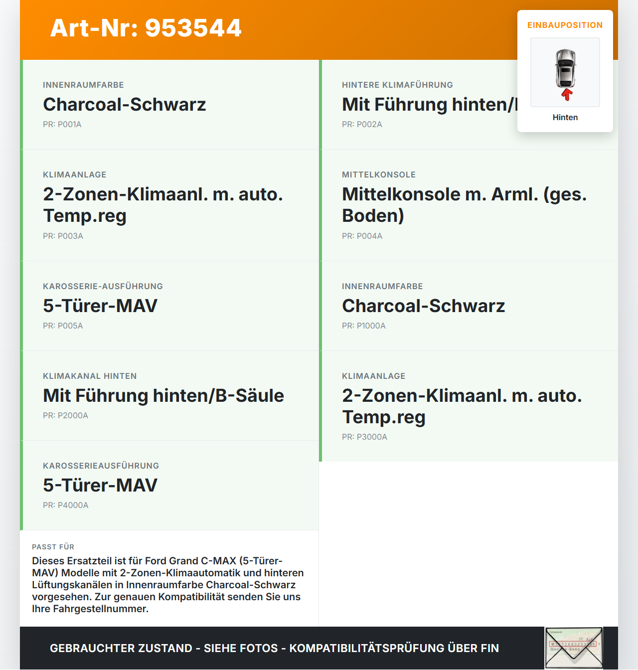 Ford Grand C-MAX 15-19 Luftdusche Luftdüse Mitte Hinten Ford Grand C-MAX 15-19 27.05.2016 gebraucht Vorschau 3