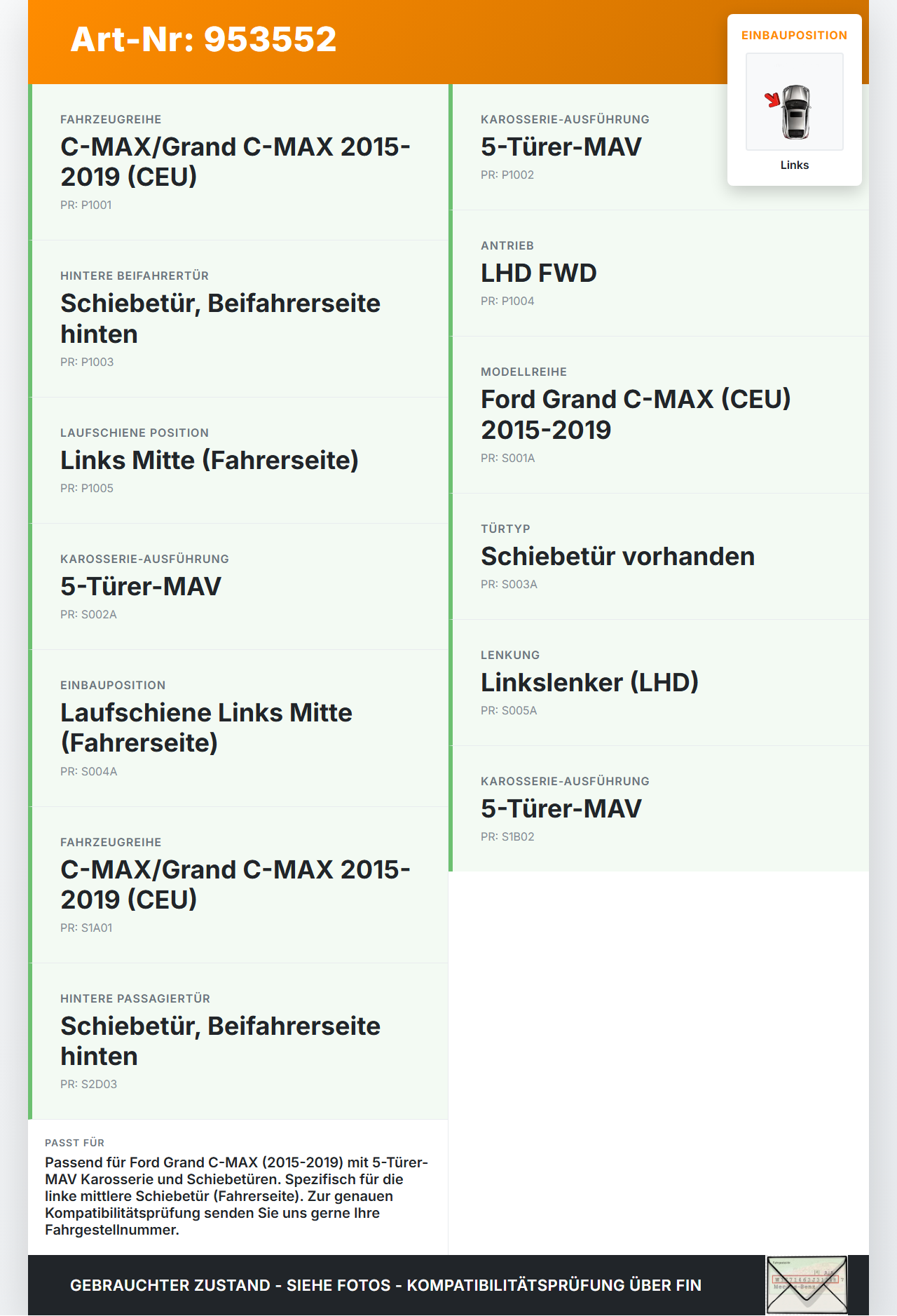 Ford Grand C-MAX 15-19 Laufschiene für Schiebetür Links Mitte Ford Grand C-MAX 15-19 27.05.2016 70033800 gebraucht Vorschau 3